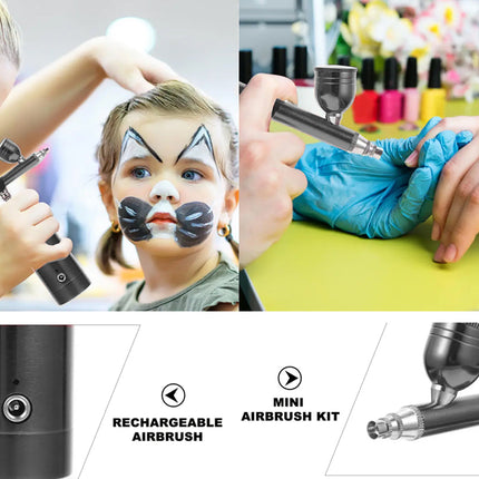 A collage showing a mini airbrush kit in use: an artist painting a child's face, another painting a fingernail, and close-up views of the black rechargeable airbrush device and its mini kit.