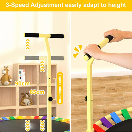 Trampoline with height adjustment feature shown in a room setting.