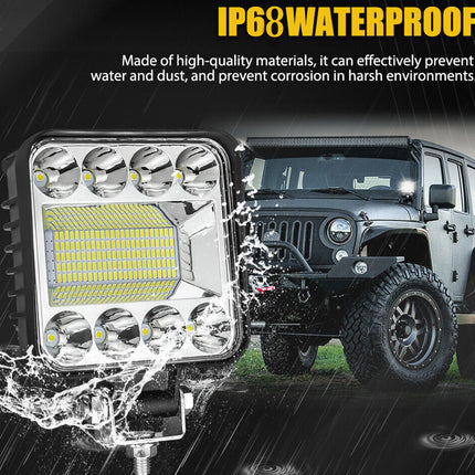 LED work light with water splashes and a Jeep in the background, emphasizing waterproof feature.