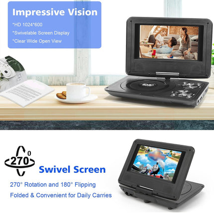 Portable DVD player with swivel screen on a desk, featuring text about screen rotation and convenience.