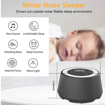 White noise sleeper device with features and a sleeping baby on a white background