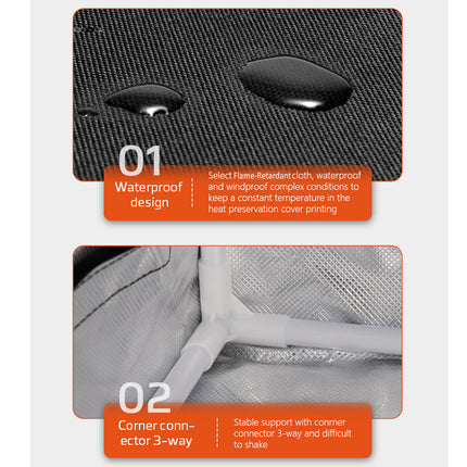 Product packaging with text on waterproof design and corner connector 3-way feature.
