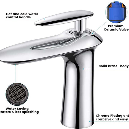 A polished chrome single-handle bathroom faucet on a white background with callout labels pointing to the hot and cold control handle, solid brass body, water-saving aerator, and chrome plating.
