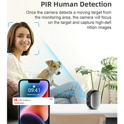 Advertisement for a security camera with PIR human detection feature, showing a woman with a dog and a smartphone.