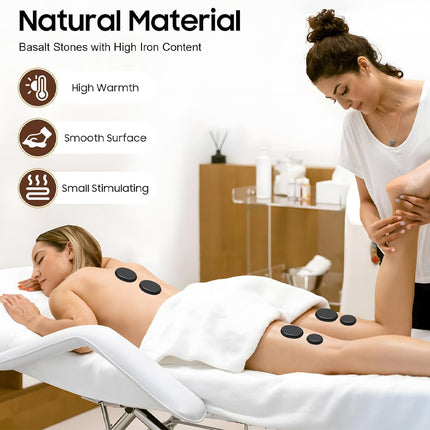 Woman receiving a basalt stone massage with text highlighting properties of natural material.