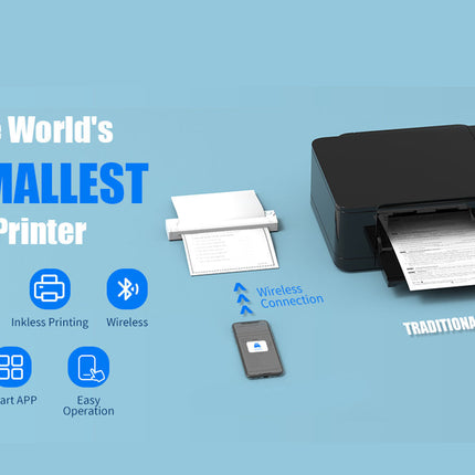 World's smallest A4 printer on a blue background with features highlighted.