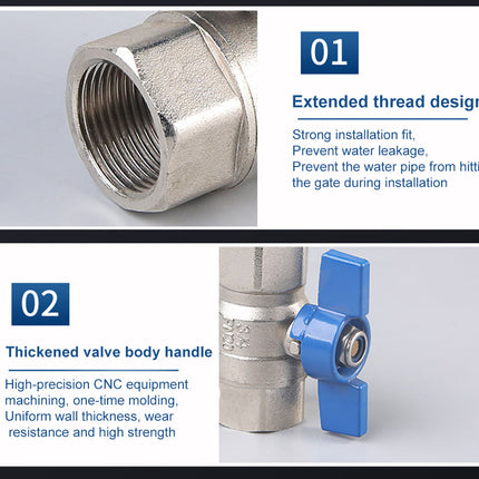 Metal valve with blue handle and text describing features on a white background