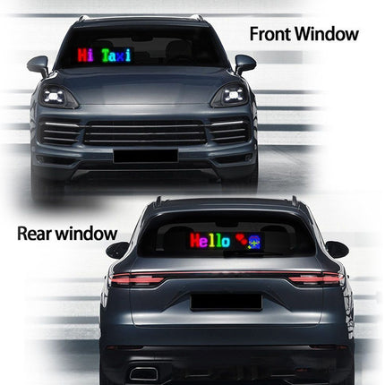 A dark gray SUV shown from the front and rear, with colorful text decals displayed on the front and rear windows. The front window shows 'Hi Taxi' in red, green, and blue, and the rear window shows 'Hello' with a small blue character.