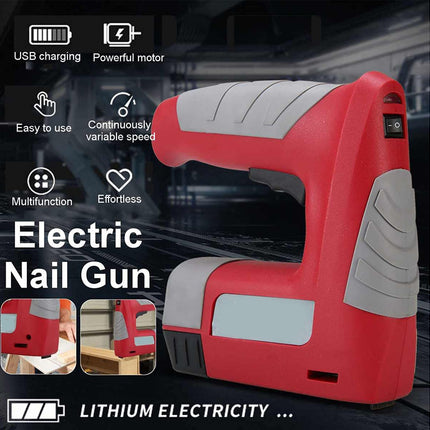 Red and gray cordless electric nail gun shown on a dark promotional background with feature icons and text including USB charging, powerful motor, easy to use, continuously variable speed, multifunction, and lithium electricity.