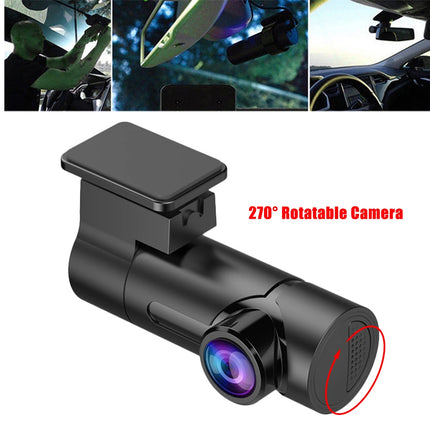 Black 270-degree rotatable dash cam with a suction mount, shown on a white background with three small inset images demonstrating use in cars and outdoors, plus red text reading '270° Rotatable Camera'.