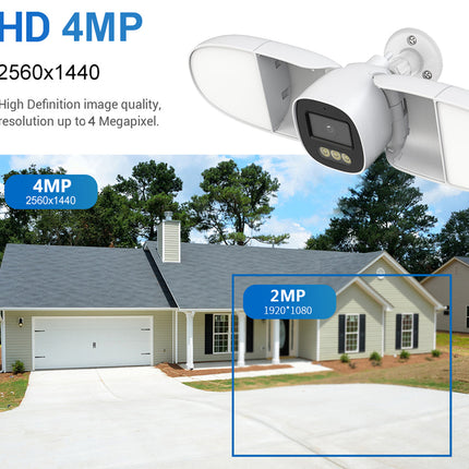 White security camera with HD 4MP label on a house background