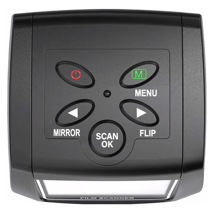 Black remote control with labeled buttons on a white background