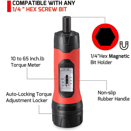 A red and black torque meter with callout labels showing features such as 1/4 inch hex screw bit compatibility, magnetic bit holder, 10 to 65 inch-pound torque, auto-locking torque adjustment locker, and non-slip rubber handle.