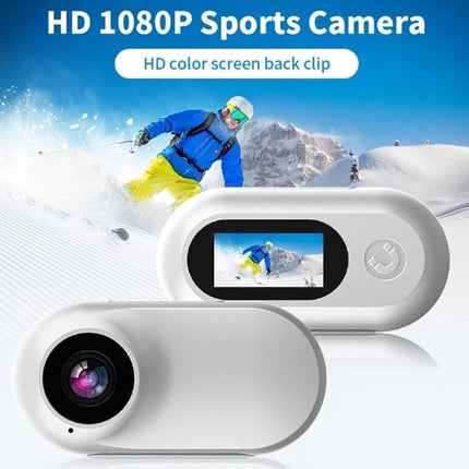 HD sports camera with color screen back clip on a snowy mountain background