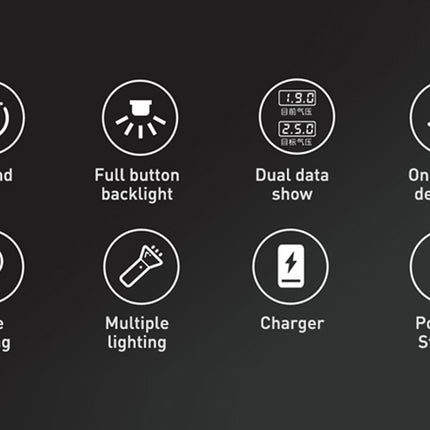A dark promotional graphic showing eight white circular feature icons with text labels: Full and stop, Full button backlight, Dual data show, One-touch deflation, Large lighting, Multiple lighting, Charger, and Portable Storage.