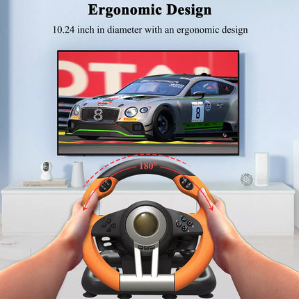 Ergonomic steering wheel with hands holding it, TV displaying a car on the wall.