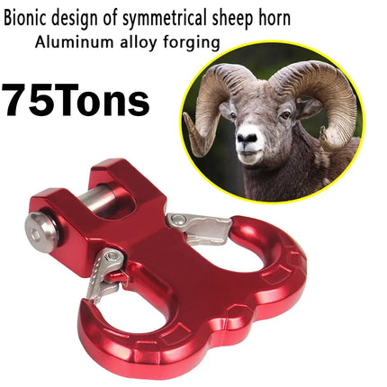 Red metal clip with bionic design inspired by sheep horns, featuring a close-up of a ram's face.