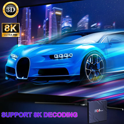 Television displaying a blue sports car with 8K Ultra HD and 3D graphics on the screen.