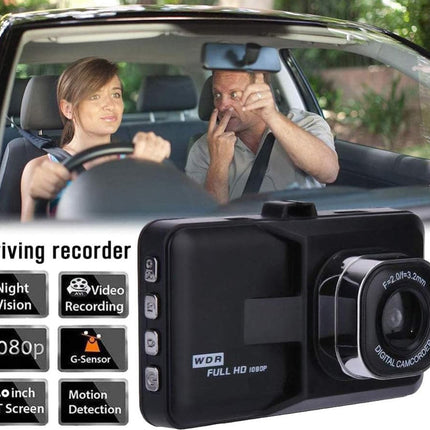 Car dashboard with a driving recorder and two people inside, featuring text on the device's features.