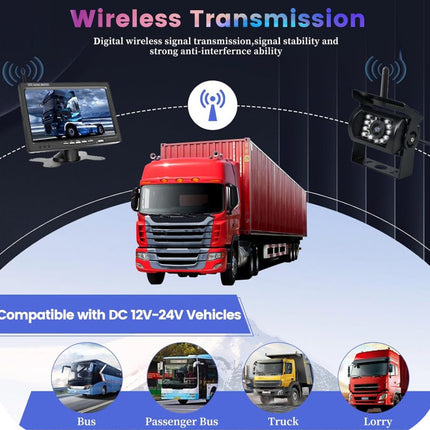 Red truck with wireless transmission system components on a blue and white background