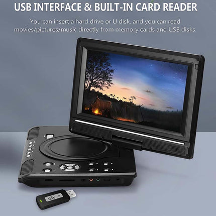 Portable DVD player with USB interface and card reader on a gray background
