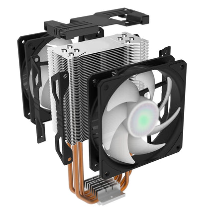 A 4-pin CPU cooler with a silver aluminum heatsink, black metal brackets, copper-colored heat pipes, and a black fan with a glowing green LED center, shown on a white background.