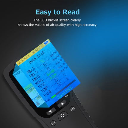 Air quality monitor with a blue LCD screen displaying readings on a dark background.