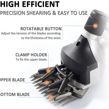 Shearing tool with labeled parts on a white background