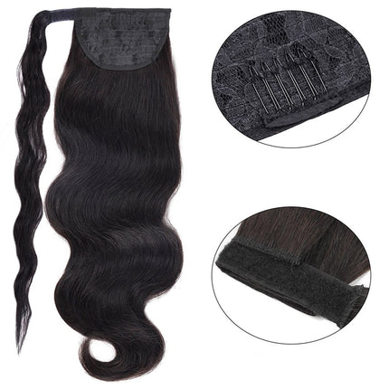 Black hair extension with close-up insets on a white background