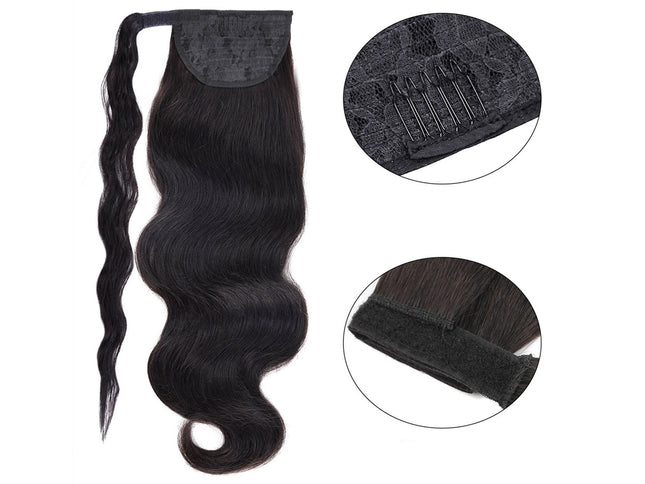 Black hair extension with close-up insets on a white background