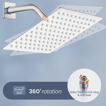 A modern square rain shower head with a wall-mounted curved arm, shown against a light blue background with feature callouts including '360° rotation' and a water filter inset.