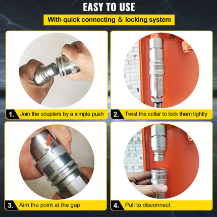 Instruction graphic showing four steps for using a quick-connect metal coupler: join by push, lock by twist, aim the point, and pull to disconnect. The image includes four circular photos of hands operating the silver metal couplers against a red and white background, with text headers and a dark blue overall layout.