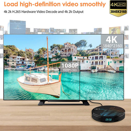 A 4K UHD smart TV displaying a coastal boat scene, shown on a stand with a round black streaming receiver on a wooden surface. Text at the top advertises high-definition video decoding and 4K 2k hardware video decode and 4k 2k output.