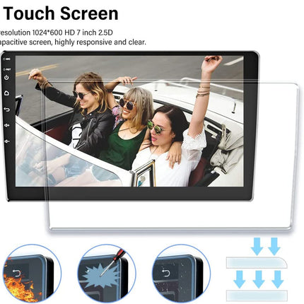 7-inch touchscreen display with protective film, showing a car interior scene.