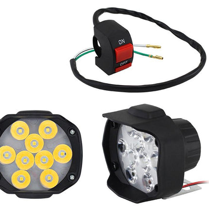 Two LED lights and a switch on a white background