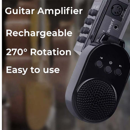 A black and gray rechargeable guitar amplifier shown close-up with large white text overlays reading 'Guitar Amplifier', 'Rechargeable', '270° Rotation', and 'Easy to use'.