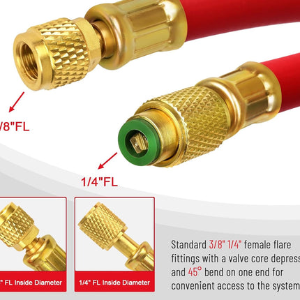 Red industrial hose with brass flare fittings, showing close-up views of 3/8"FL and 1/4"FL connections with text labels and inset detail photos on a white background.