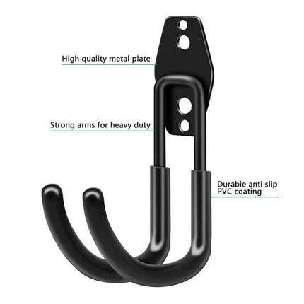 Black metal wall hook with text highlighting features on a white background