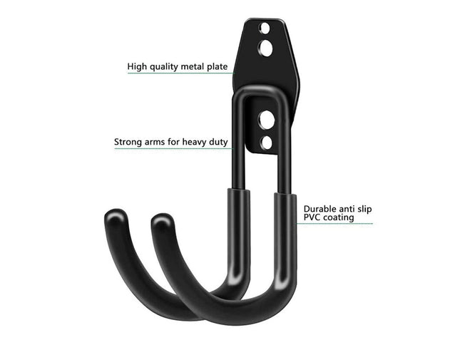 Black metal wall hook with text highlighting features on a white background