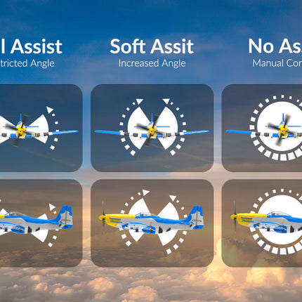 Illustrations of a drone with different assist levels against a cloudy sky background.