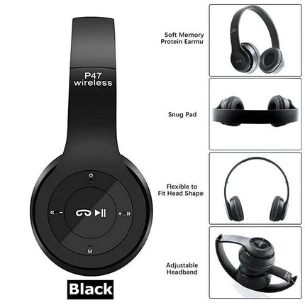 Black wireless headphones with features highlighted on a white background