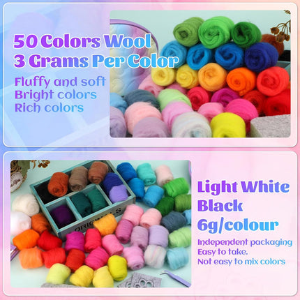A promotional graphic for wool yarn balls in multiple colors. The top panel shows a large assortment of fluffy wool rolls in many bright colors with text reading '50 Colors Wool 3 Grams Per Color' and 'Fluffy and soft Bright colors Rich colors.