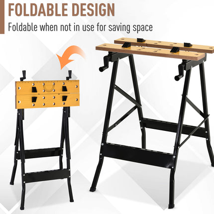 Foldable workbench with wooden top and black metal legs on a white background
