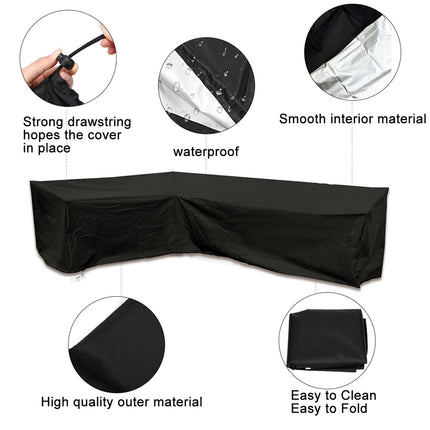 Black outdoor sectional cover shown on a white background with feature callout circles and text reading 'Strong drawstring hopes the cover in place,' 'waterproof,' 'Smooth interior material,' 'High quality outer material,' and 'Easy to Clean Easy to Fold.'.