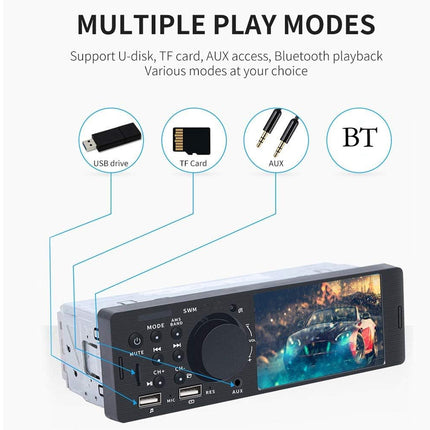 A car stereo headunit with a display screen, rotary volume knob, and USB port, shown on a white background with text and icons explaining multiple play modes: USB drive, TF card, AUX, and BT.