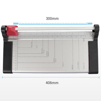Paper cutter with dimensions labeled on a white background