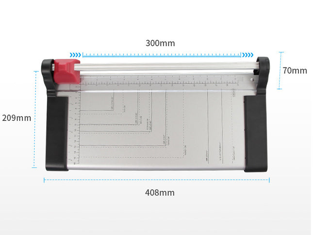 Paper cutter with dimensions labeled on a white background