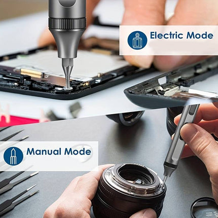 Screwdriver tool in electric and manual mode with close-up of device repair.