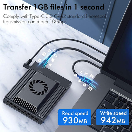 Data transfer device connected to a laptop with text about file transfer speed and compatibility.