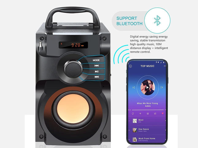 Black Bluetooth speaker with smartphone displaying music app on a white background